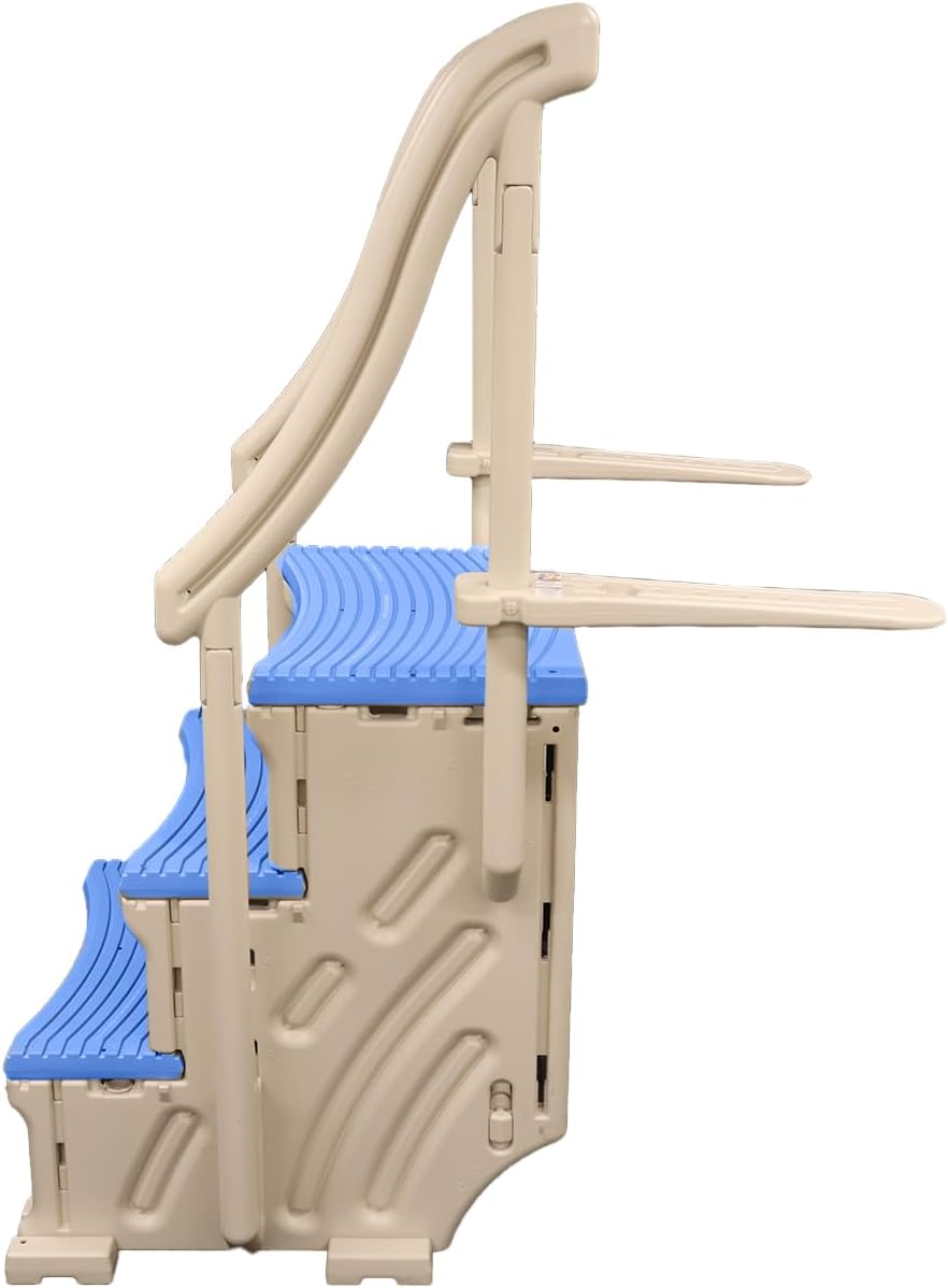 Confer Plastics Curved Drop-in Inground Pool Step 3 Tread Stair Entry System w/ 2 Handrails & Adjustable Mounting Brackets - Base Step, Grey Treads