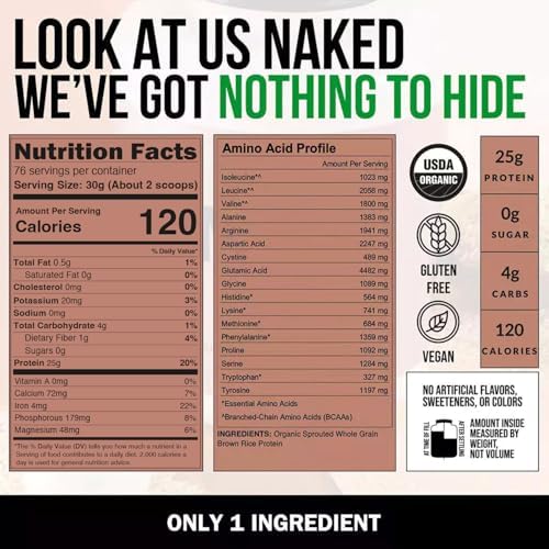 NAKED nutrition Rice - Organic Brown Rice Protein Powder - Vegan Protein Powder - 5Lb Bulk, Gmo Free, Gluten Free & Soy Free. Plant-Based Protein, No Artificial Ingredients - 76 Servings