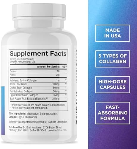Dr. Emil Multi Hydrolized Collagen, Types I, II, III, V & X, 90 Capsules | All-in-One Hydrolyzed Collagen Blend Supporting Hair, Skin, Nails