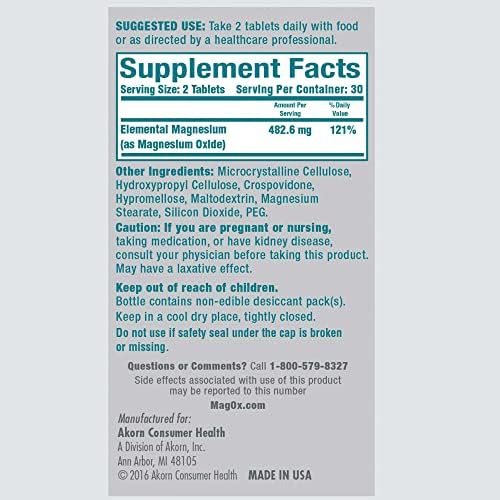 Mag-Ox Magnesium Supplement, Pharmaceutical Grade Magnesium Oxide 483mg, Most Concentrated Form of Magnesium, 120 Tablets