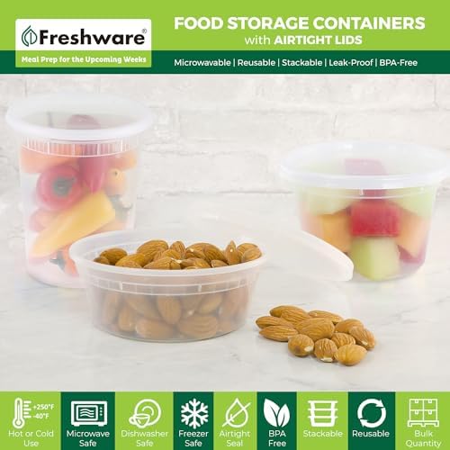 Freshware Food Storage Containers [24 Set] 32 oz Plastic Deli Containers with Lids, Slime, Soup, Meal Prep Containers | BPA Free | Stackable | Leakproof | Microwave/Dishwasher/Freezer Safe