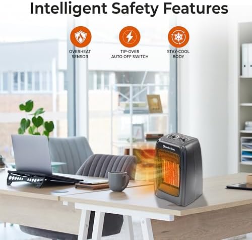 Comfort Zone CZ442E Personal Energy Save Ceramic Heater - 1500W Portable with Adjustable Thermostat, Tip-Over Switch & Overheat Protection, Black
