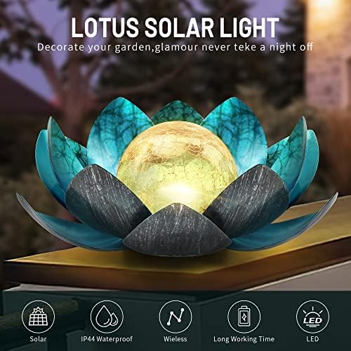 Outdoor Solar Lights, Garden Decor, Crackle Glass Globe, Waterproof Metal Lotus Flower Light for Patio, Lawn, Walkway, Tabletop, Ground