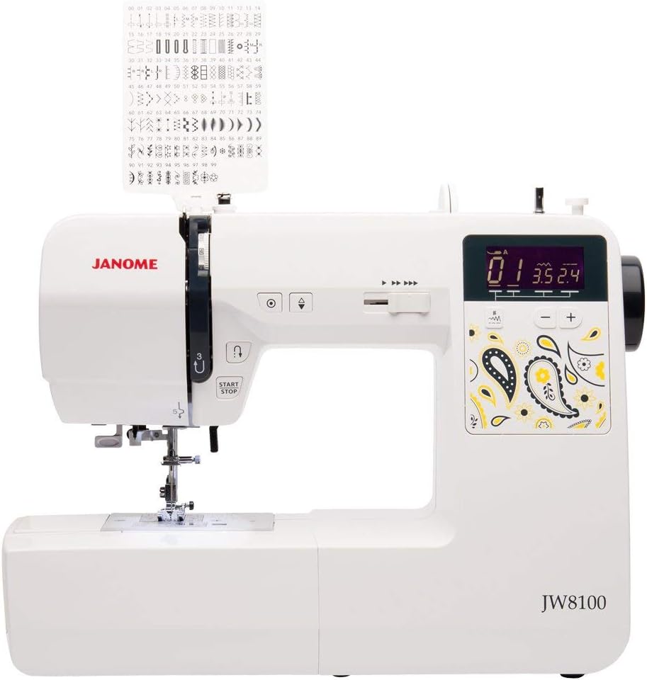 Janome JW8100 Fully-Featured Computerized Sewing Machine with 100 Stitches, 7 Buttonholes, Hard Cover, Extension Table and 22 Accessories