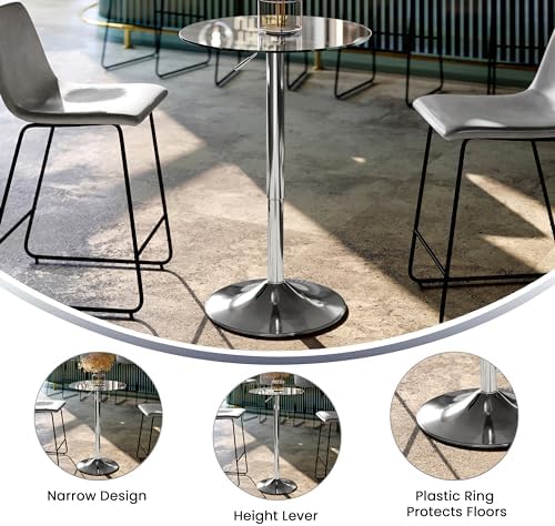 Flash Furniture Chad 23.5'' Round Glass Cocktail Table with Adjustable Height Frame, Bar Height Table for Commercial or Residential Use, Clear/Chrome