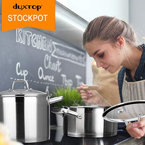 Duxtop Professional Stainless Steel Stock Pot with Glass Lid, Induction Cooking Pot, Impact-bonded Base Technology, 4.2 Quarts | Stockpot with Stay-Cool Handle, Impact-Bonded Base for Even Heating