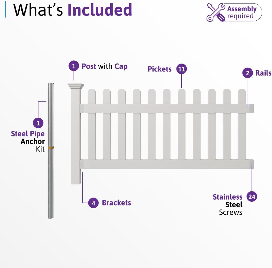 WamBam Newport Picket Fence, White Vinyl DIY No Dig Kit | 3ftH x 6ftW, 1 Panel + 1 Post, ZP19002