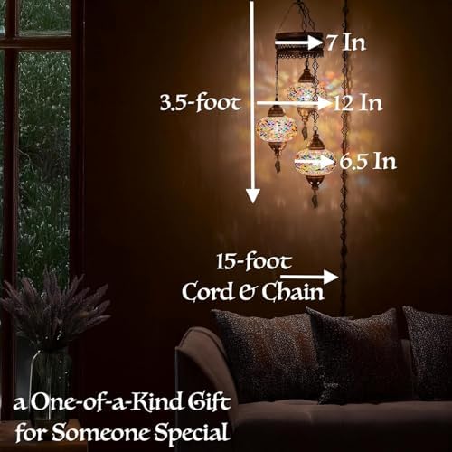 DEMMEX Plug-in Turkish Hanging Lamp, Handmade Moroccan Mosaic Chandelier Pendant Light Fixture with 15-ft Cord & Chain, Decorative Ceiling Lamp for Living Room, Bedroom, 3 Large 7'' Globes, 3.5 ft.