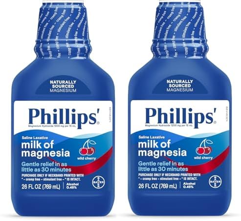 Phillips’ Milk of Magnesia Liquid Laxative, Wild Cherry Flavor, Stimulant Free, Cramp Free Relief of Occasional Constipation*, Effective in 30 minutes - 6 hours, #1 Milk of Magnesia Brand, 26 oz