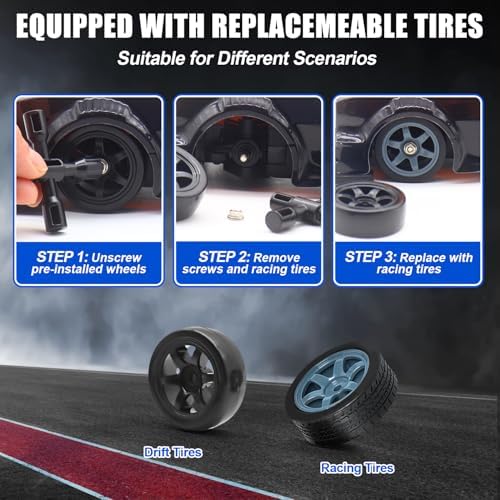 Dollox RC Drift Car 1/16 Scale Remote Control Car 2.4GHz 4WD High Speed 18+KM/H Race Car with LED Light and Spray, Extra Drifting Tires Racing Vehicle Toy Birthday Gifts for Adults Boys, 2 Batteries