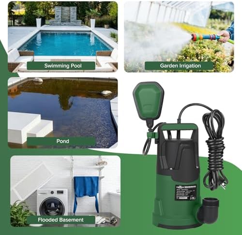 4200GPH 1HP Submersible Sump Pump with Automatic Float Switch | LAZYLAND, Clean Water Pump for Pool, Pond, Garden, Flooded Cellar, Aquarium and Irrigation (Green)