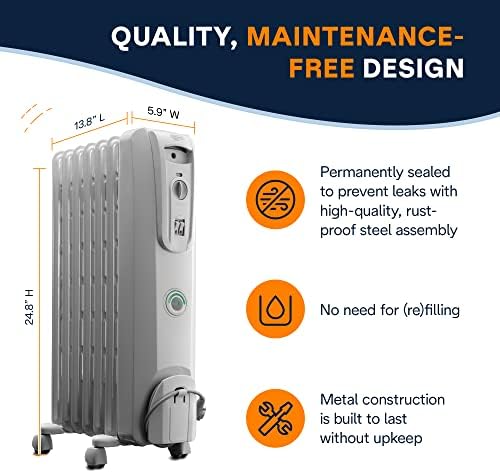 De'Longhi Oil filled Radiator Heater, 1500W Electric Space Heater for indoor use, portable room heater, Energy Saving, full room like office and bedroom with safety features, EW7707CM