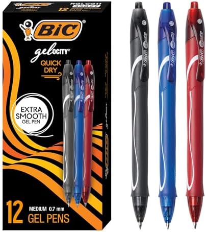 BIC Gelocity Quick Dry Black Gel Pens, Medium Point, 0.7 mm, 12-Count | Quick Dry Ink Resists Smearing | Full-Length Comfort Grip | Ideal for Students and Teachers | 12 Pens in Pack