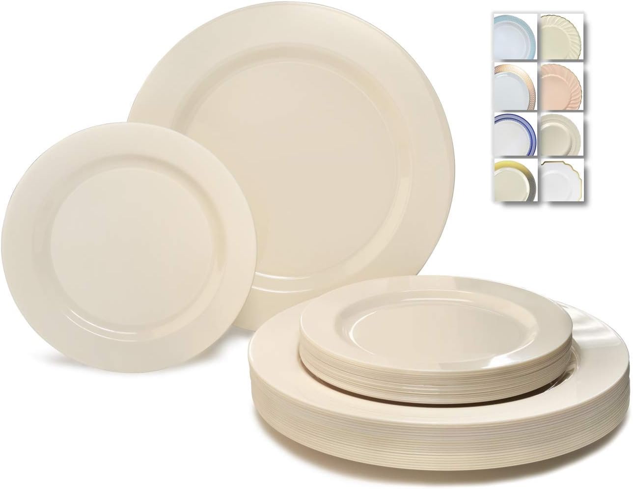 OCCASIONS 50 Ivory Disposable Plastic Plates for 25 Guests (Plain Ivory) | Heavy Duty Fancy Wedding Party Dinner & Salad/Dessert Set, 25x10.5" + 25x7.5", China-Like Look, BPA Free & Recyclable