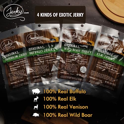 Jerky.com Exotic Jerky Variety Pack | 4pc Wild Game Snacks Sampler with Venison, Elk, Buffalo & Wild Boar | High Protein, Keto, Exotic Jerky Gifts for Men | Gifts for Men & Hunters | Venison, Elk, Buffalo & Wild Boar, High Protein, Keto Friendly, Exotic…