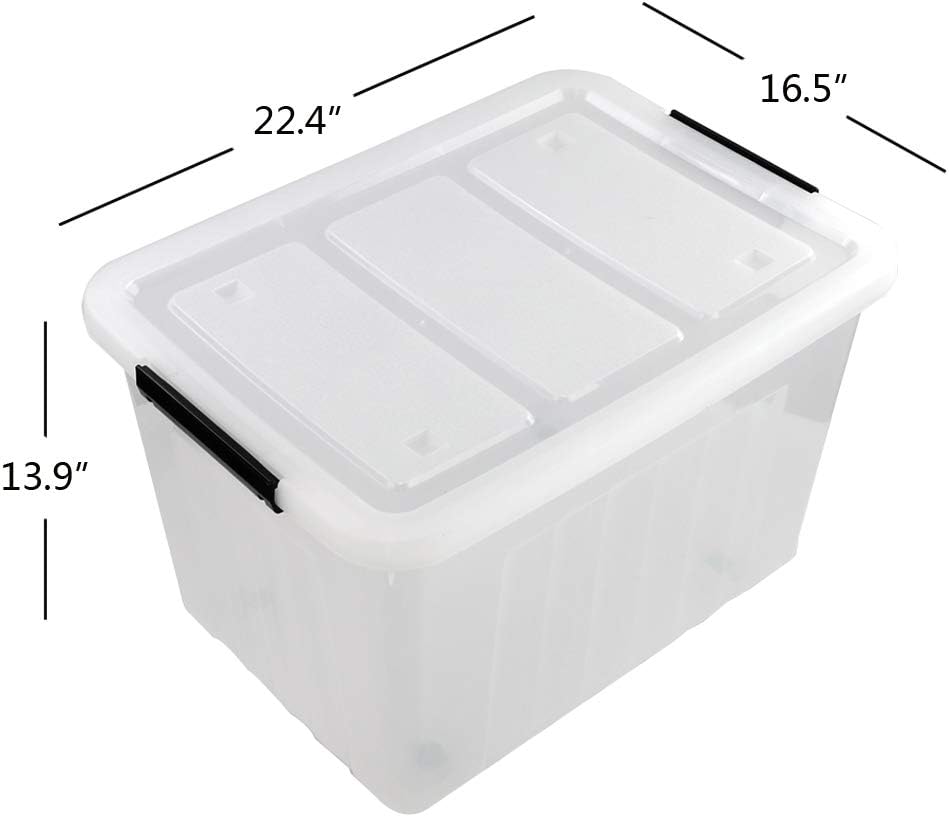 Clear Plastic Storage Bins with Wheels, 4-Pack Latch Boxes, 30 L