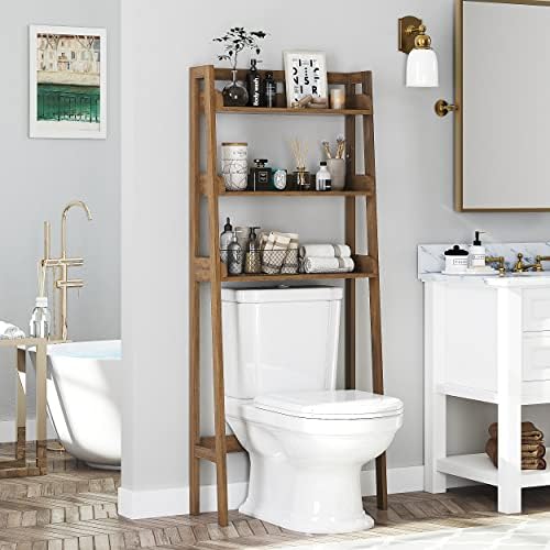 UTEX Over The Toilet Storage Shelf, 3-Tier Bathroom Organizer, White | FSC-Certified MDF, Open Ladder Design, Adjustable Lower Crossbar, Anti-tip Hardware, 33-Inch Clearance, Raised Side Guards