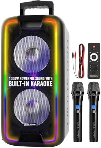 Dolphin Bluetooth Party Speaker with 2 Wireless Mics, Dual 10" Woofers | 1000W Output, SD/FM/USB/AUX/RCA, Guitar & Mic Inputs, Multicolor LED Lights