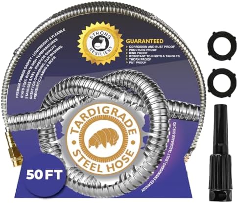 Tardigrade Metal Garden Hose 50 FT, Heavy Duty 304 Stainless Steel Water Hoses, Unmatched Durability, Flexible, No Kink & Tangle, Lightweight