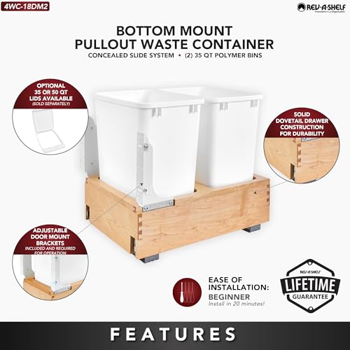 Rev-A-Shelf Double Pullout Trash Can w/Soft-Close Slides, 14.5" Min Opening | Large Capacity Garbage/ Recycling Waste Bins for Under Kitchen Cabinets, Heavy Gauge Wire Construction, 4WC-18DM2