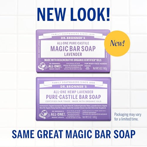 Dr. Bronner's Pure-Castile Magic Bar Soap - Made with Regenerative Organic Certified Oils - For Face, Body, Hair- Gentle on Sensitive Skin - Vegan Soap Bars for Men & Women - Lavender, 2 Pack, 5oz