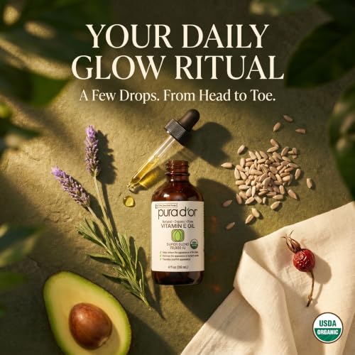 PURA D'OR Vitamin E Oil Botanical Blend, 4 fl oz | Ultra-Nourishing Hydration, USDA Certified, Jojoba, Argan, Almond, Avocado, Body Massage, Cuticles