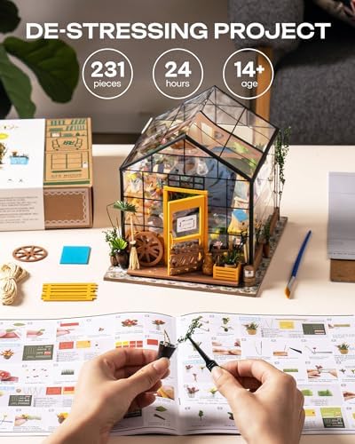 Rolife Greenhouse DIY Miniature Dollhouse Kit Creative Gift for Adults | 1:18 Scale Cathy's Flower House with LED Light, Wooden 3D Puzzle Model Kit