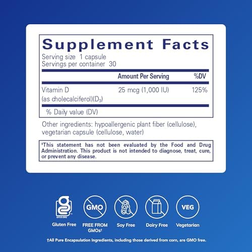 Pure Encapsulations Vitamin D3 25 mcg (1,000 IU) - Supplement to Support Bone, Joint, Breast, Heart, Colon & Immune Health* - with Premium Vitamin D - 120 Capsules | Supplement to Support Bone, Joint, Breast, Heart, Colon and Immune Health*, with Premium…