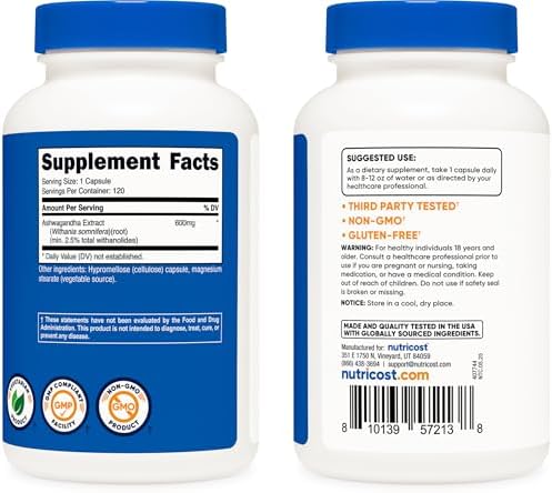 Nutricost Ashwagandha Herbal Supplement 600mg, 120 Capsules, Gluten-Free | Vegetarian, GMO-Free, Ashwagandha Root