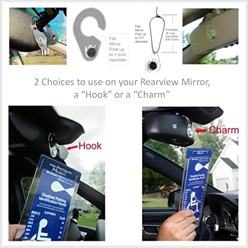 Mirortag™ Holder with Hook & Charm Options- Handicap Placard Holder. Easily Protect