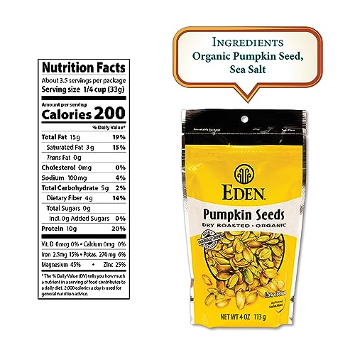 Eden Organic Pumpkin Seeds, Shelled, Dry Roasted and Lightly Sea Salted, to Eat, 4 oz (6-Pack)