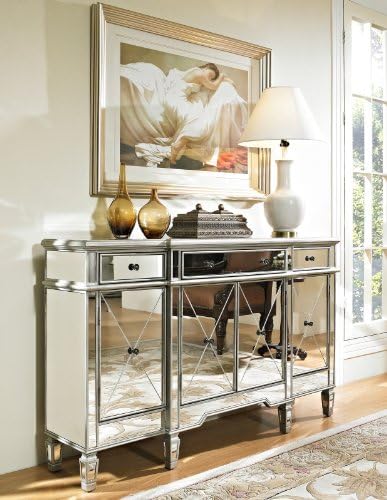 60" Silver Wood Frame Mirrored Panels Andrea Storage Sideboard Buffet Cabinet for Living Room