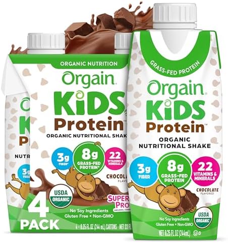 Orgain Organic Kids Dairy 8g Protein Shake, Chocolate, 8.25 oz, 4pk | Nutritional drink, grass-fed protein, 22 vitamins & minerals, 3g fiber, non-GMO, no soy, healthy snack for picky eaters