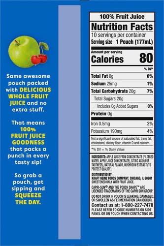 Capri Sun 100% Juice from Concentrate, 10 Pouches Apple Juice, 6 fl oz | for School Lunches and On-the-Go Hydration, All Natural Ingredients, No Artificial Colors, Flavors Or Preservatives