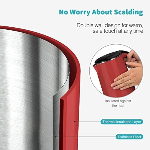 Secura Original Stainless Steel Double Wall Electric Water Kettle 1.8 Quart with Auto Shut-Off & Boil-Dry Protection, Red SWK-1701DR/HB-3227B