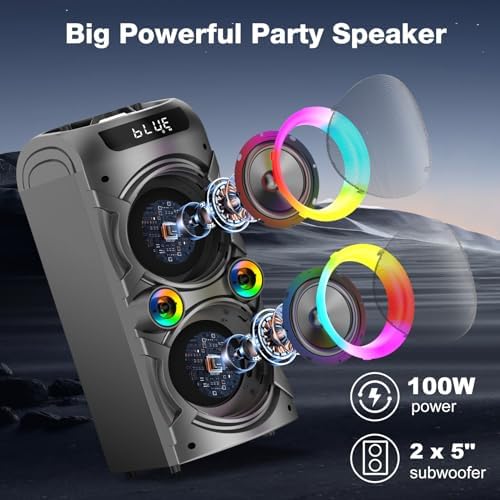 Karaoke Machine with 2 Wireless Microphones, Portable PA System Big Bluetooth Speaker with LED Lights, Remote Control Support Bass/Treble Adjustment