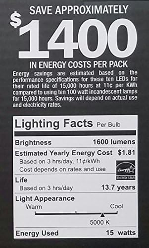 FEIT 100w LED Replacement Bulbs using 15W Daylight 5000K 1600 Lumens (10 Lamps)