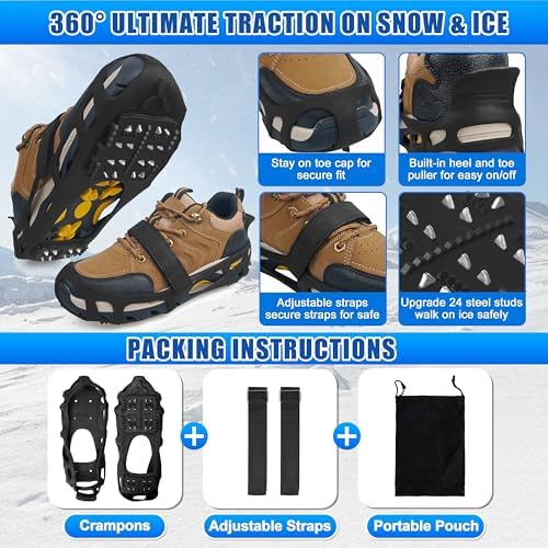 Ice Cleats for Shoes and Boots,Crampons Snow Traction Cleats for Walking on Snow and Ice,Non-Slip Shoe Grippers Slip-on Overshoe Stretch Footwear for Winter Walking Hiking Fishing