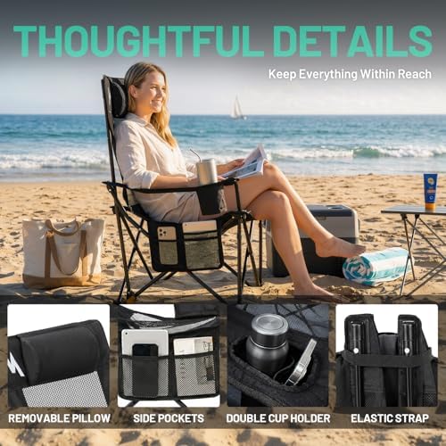 Overmont Reclining Camping Chair with Footrest - 4-Position Adjustable Backrest Lightweight Folding Lounge Chair for Adults with Pillow Carry Bag