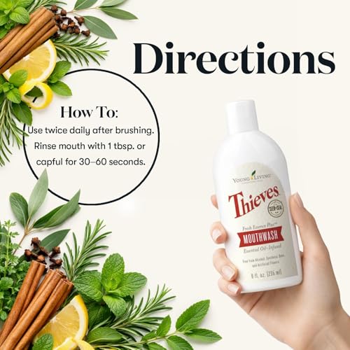 Young Living Thieves Fresh Essence Plus Mouthwash | 8 fl oz | Alcohol-Free and Fluoride-Free | Enhanced with Essential Oils | Peppermint, Rosemary