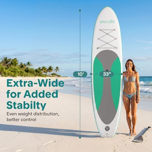 SereneLife 10’ Inflatable Stand Up Paddle Board with Premium SUP Accessories - Wide Stable Design with Non-Slip EVA Deck Pad, for Youth and Adults, 350 lbs. Capacity