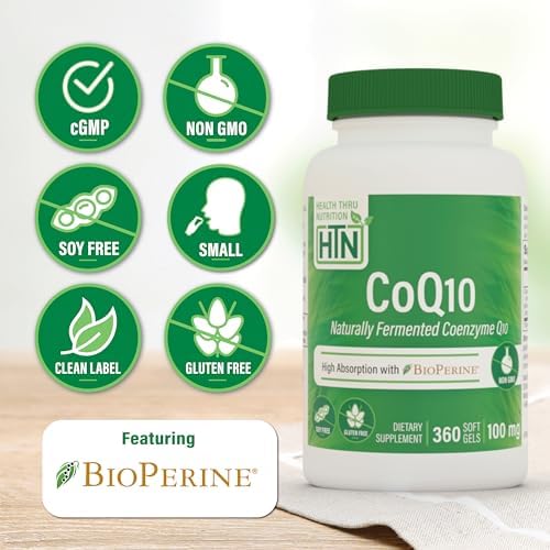 Health Thru Nutrition CoQ-10 100mg with BioPerine 120 Softgels | High Absorption Naturally Fermented USP Grade Coenzyme Q10 Supplement | 3rd Party Tested | Heart Health and Energy Support | High Absorption Naturally Fermented USP Grade Coenzyme Q10 Suppl…
