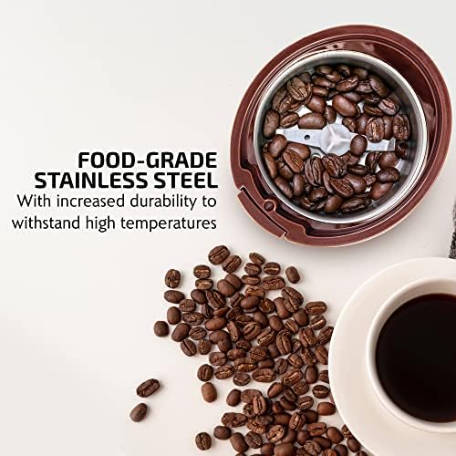 OVENTE Electric Coffee Grinder with One Touch Push-Button, White CG225W | 2.5oz Capacity, 150W Motor, Stainless Steel Blades for Uniform Grinding of Beans, Spices, Herb, Nuts & More, Safety Lock Lid