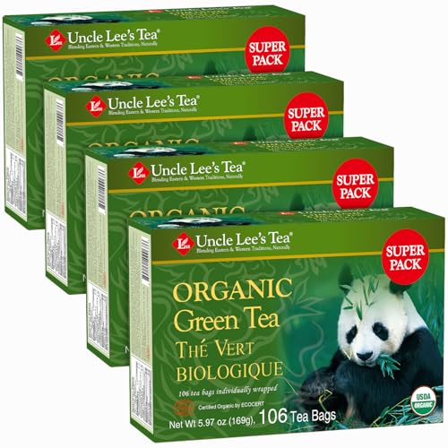 Uncle Lee's Organic Green Tea Bags 4-Pack, 106-Count Super Packs – Bright & Refreshing, Lightly Caffeinated Bulk Tea for Home, Office, Camping