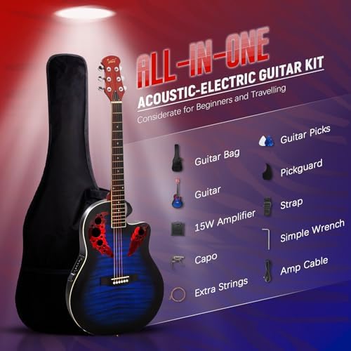 GLARRY 41in Acoustic Electric Guitar, Unique Round-back Design, 6 String Cutaway Guitar Beginner Kit with 15W Amp, EQ, Bag, Strap, Picks, Strings (Black With AMP, Full-Right Handed)