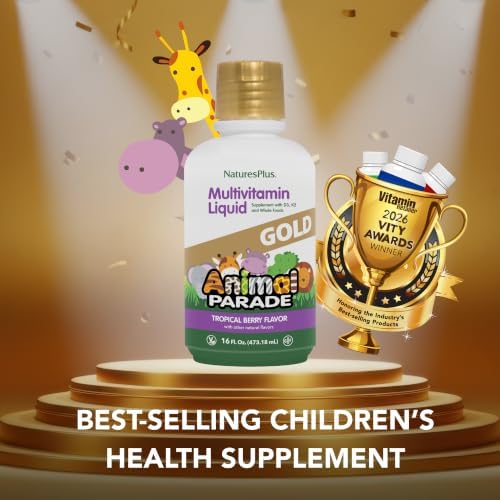 NaturesPlus Animal Parade Gold Children's Liquid Multivitamin, 16 fl oz - Natural Tropical Berry Flavor - Immune Support Supplement - Gluten Free, Vegan - 32 Servings
