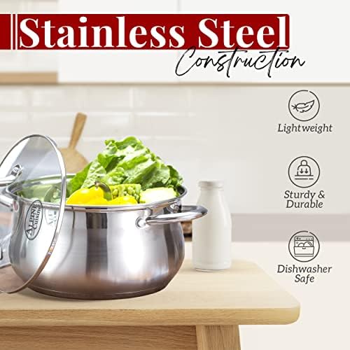 Alpine Cuisine 2-Quart Stainless Steel Dutch Oven with Tempered Glass Lid, Belly Shape, Heavy Duty & Dishwasher Safe