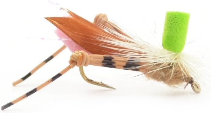 The Fly Fishing Place Green Top Hopper Trout Bass and Panfish Fly Fishing Flies - High Visibility Foam Body Grasshopper Indicator Dry Fly - 6 Flies