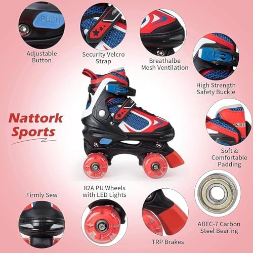 Nattork Kids Roller Skates for Boys Girls Kids, 4 Sizes Adjustable Quad Skates with All Light up Wheels - Birthday Gift for Indoor Outdoor Sports