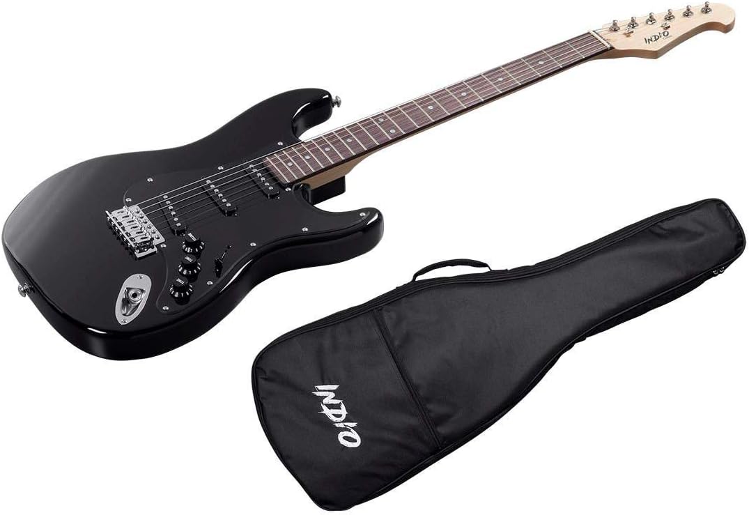 Monoprice Cali Classic Electric Guitar - Black 6 Strings, Double-Cutaway Solid Body, Right Handed, SSS Pickups, Full-Range Tone, With Gig Bag